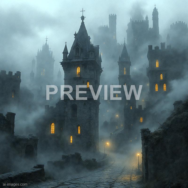 The image depicts a dark, foggy scene of an ancient, gothic-style castle with multiple towers and turrets, all illuminated from within by warm yellow lights. The structure appears weathered and imposing, with a winding cobblestone pathway leading up to it, flanked by stone walls and street lamps that cast a faint glow through the dense mist. The background reveals additional castle towers and spires shrouded in thick fog, enhancing the mysterious and eerie atmosphere.